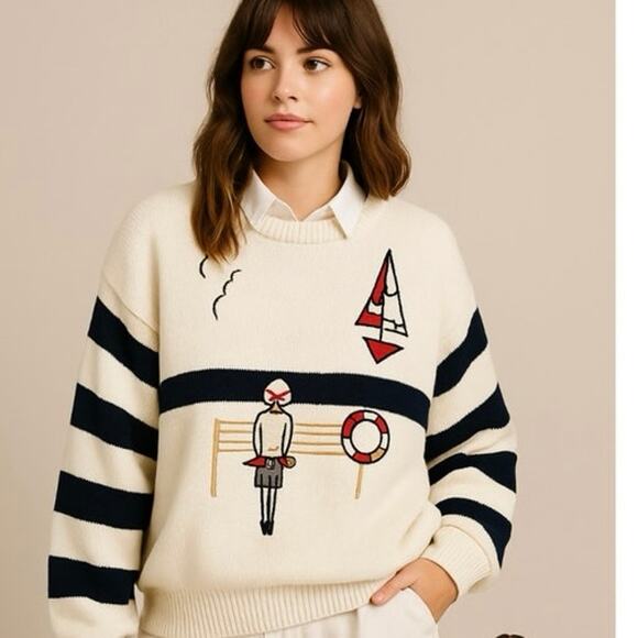 Vintage Novelty Print Coastal Grandma Kid Core Ugly Pull Over Nautical Sweater - Picture 1 of 9